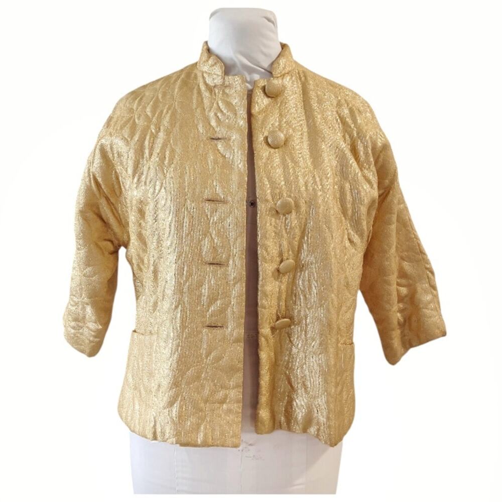 Vintage Gold Quilted Bed Jacket Size 8 Costume 60's Retro Cropped Evening Coat - Picture 5 of 13